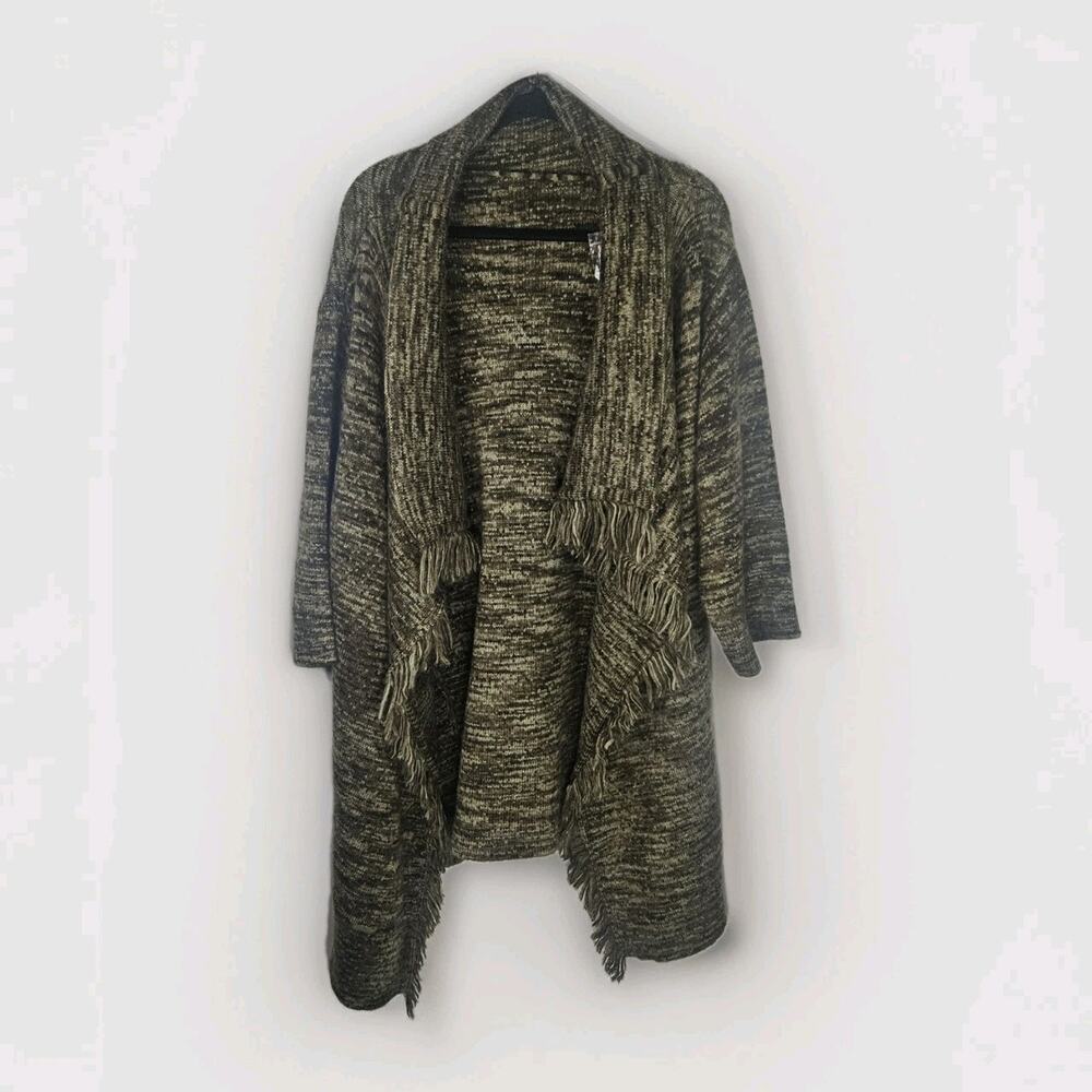 G.I.L.I. Women's Knit Sweater Cardigan Green Open Fringe M-XL PETITE NWOT Boho